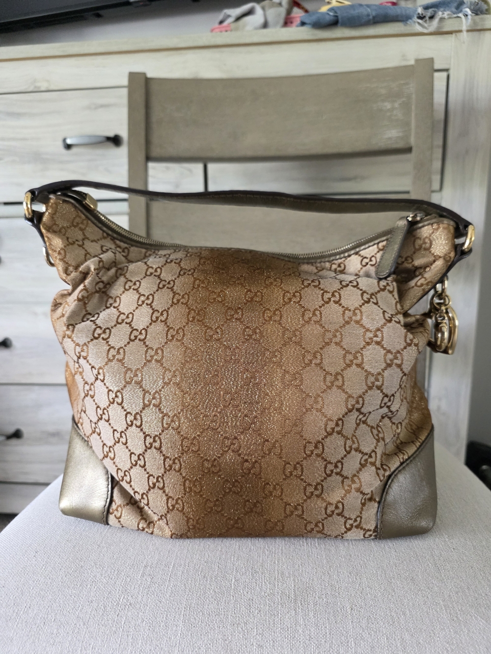 Gucci Heart Bit Metallic Beige GG Canvas Shoulder Bag